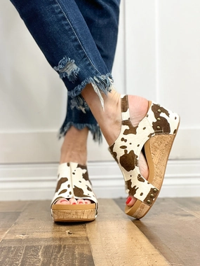 Corkys Pasture Wedge Sandals in Cow Print