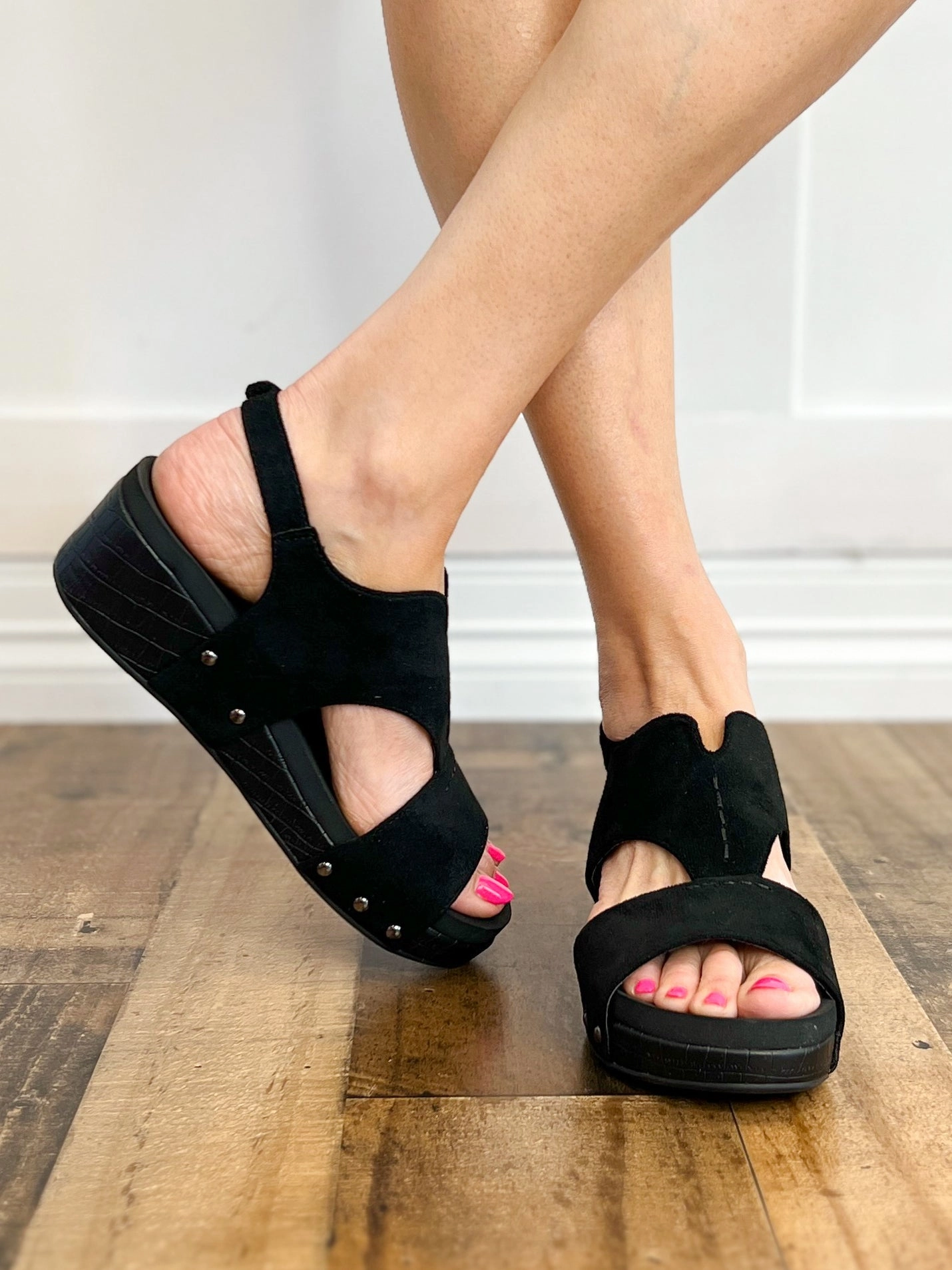 Corkys Refreshing Black Suede Croco Wedge Sandal