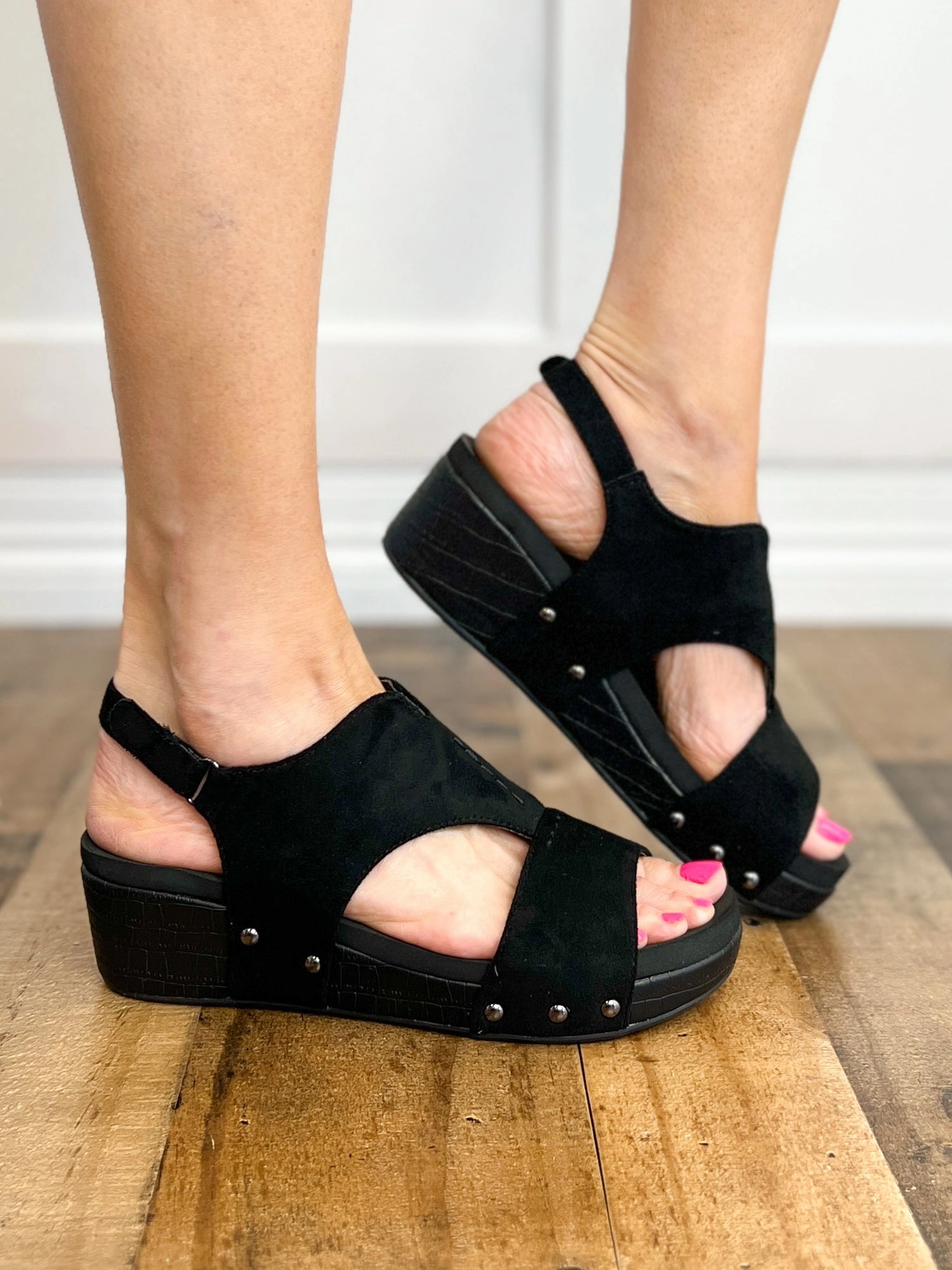 Corkys Refreshing Black Suede Croco Wedge Sandal