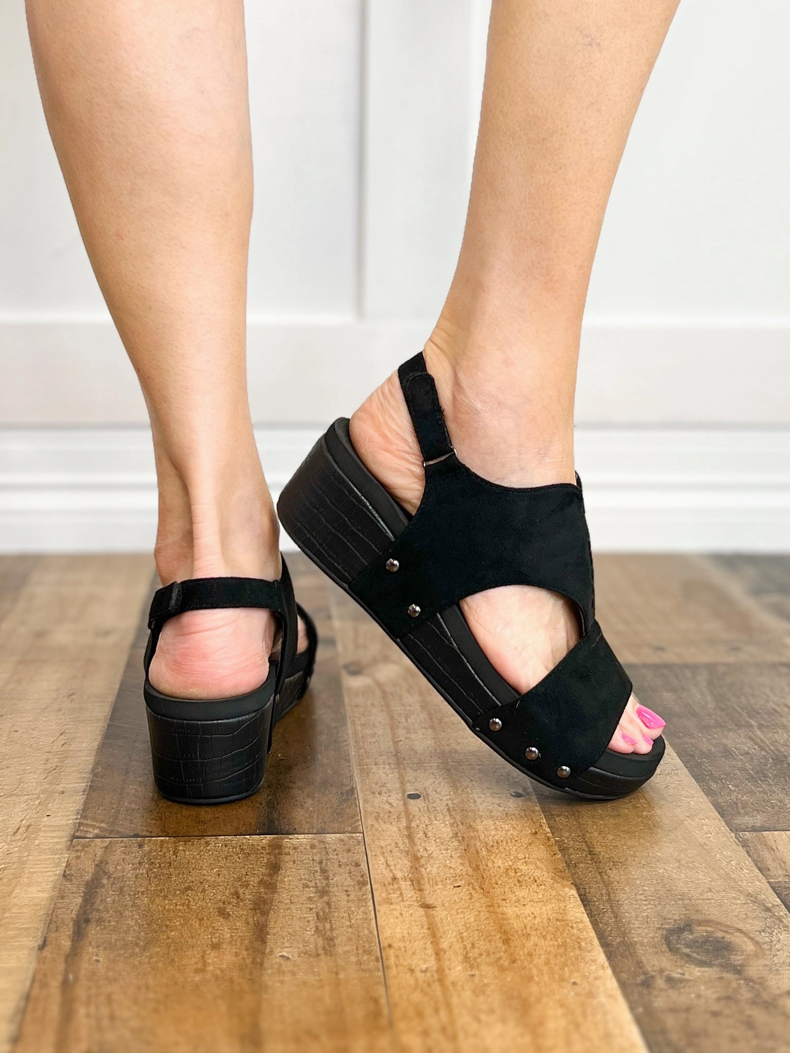 Corkys Refreshing Black Suede Croco Wedge Sandal