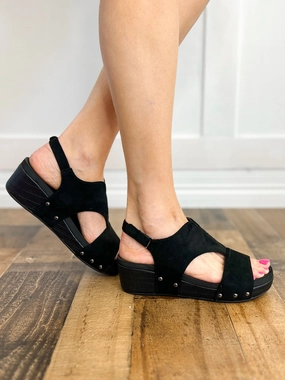 Corkys Refreshing Black Suede Croco Wedge Sandal