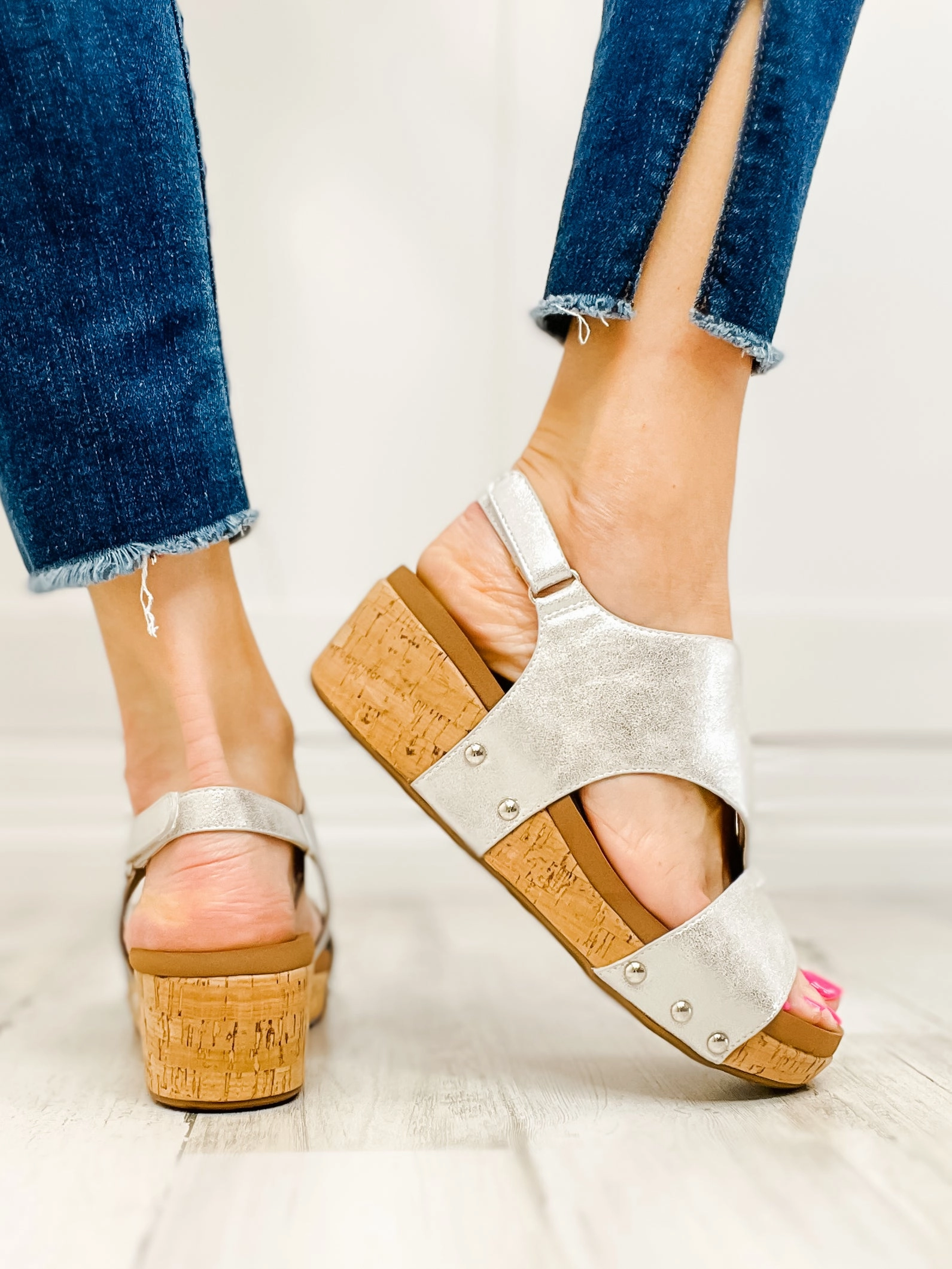 Corkys Refreshing White Metallic Wedge Sandal