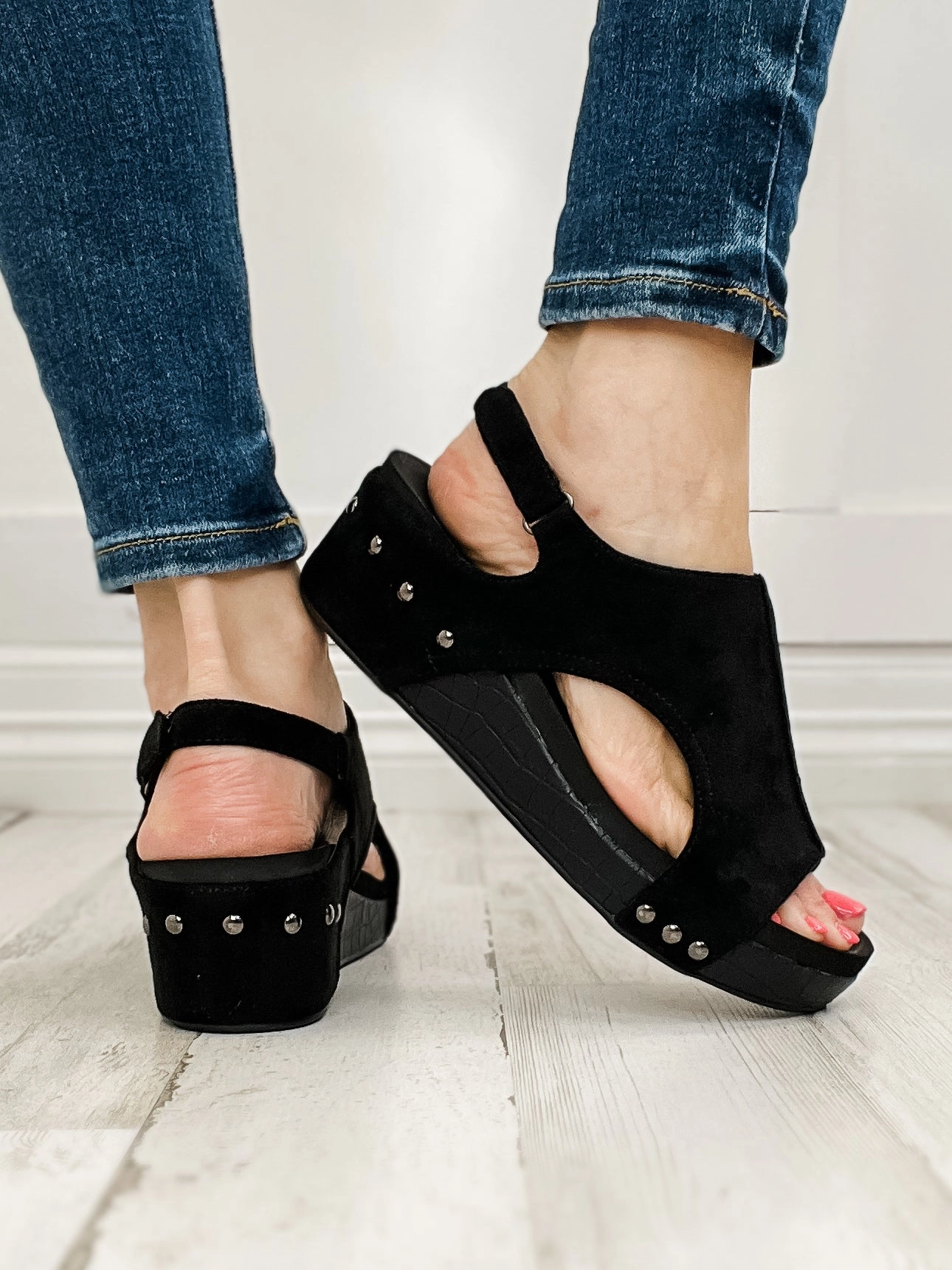 Corkys Volta II Wedge Sandals in Black Suede Croco