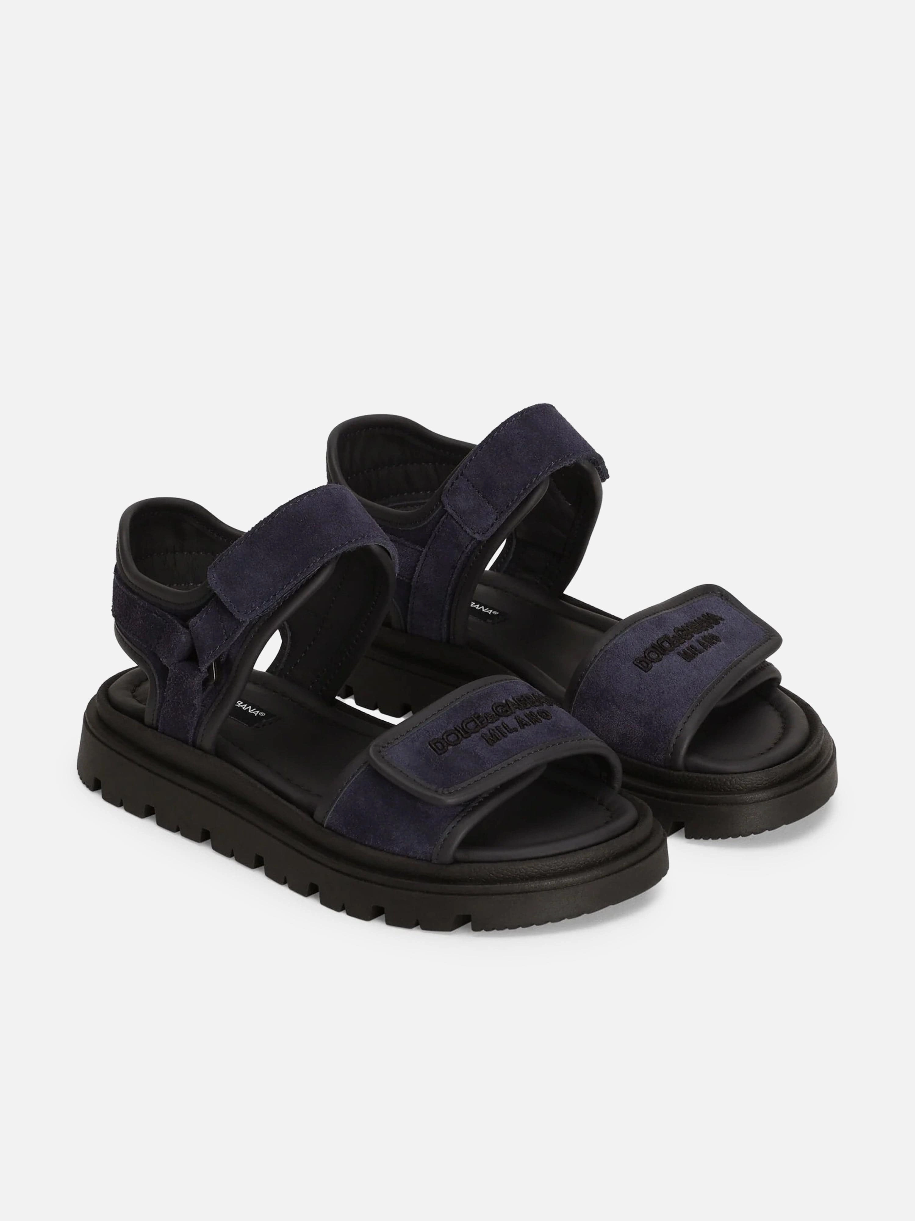 Dolce & Gabbana Boys Leather Velcro Strap Sandals in Navy
