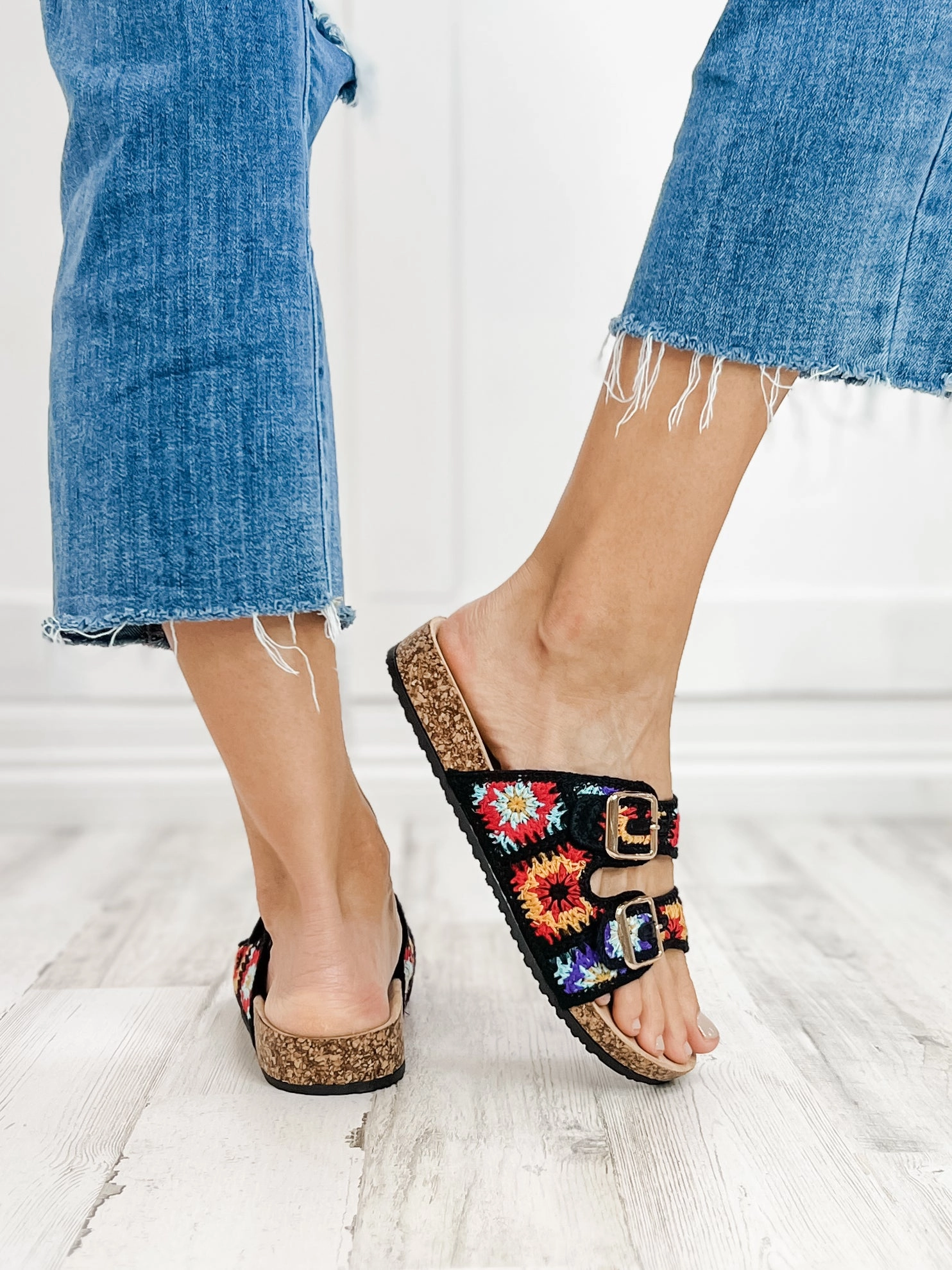 Double Buckle Crochet Slide Sandals