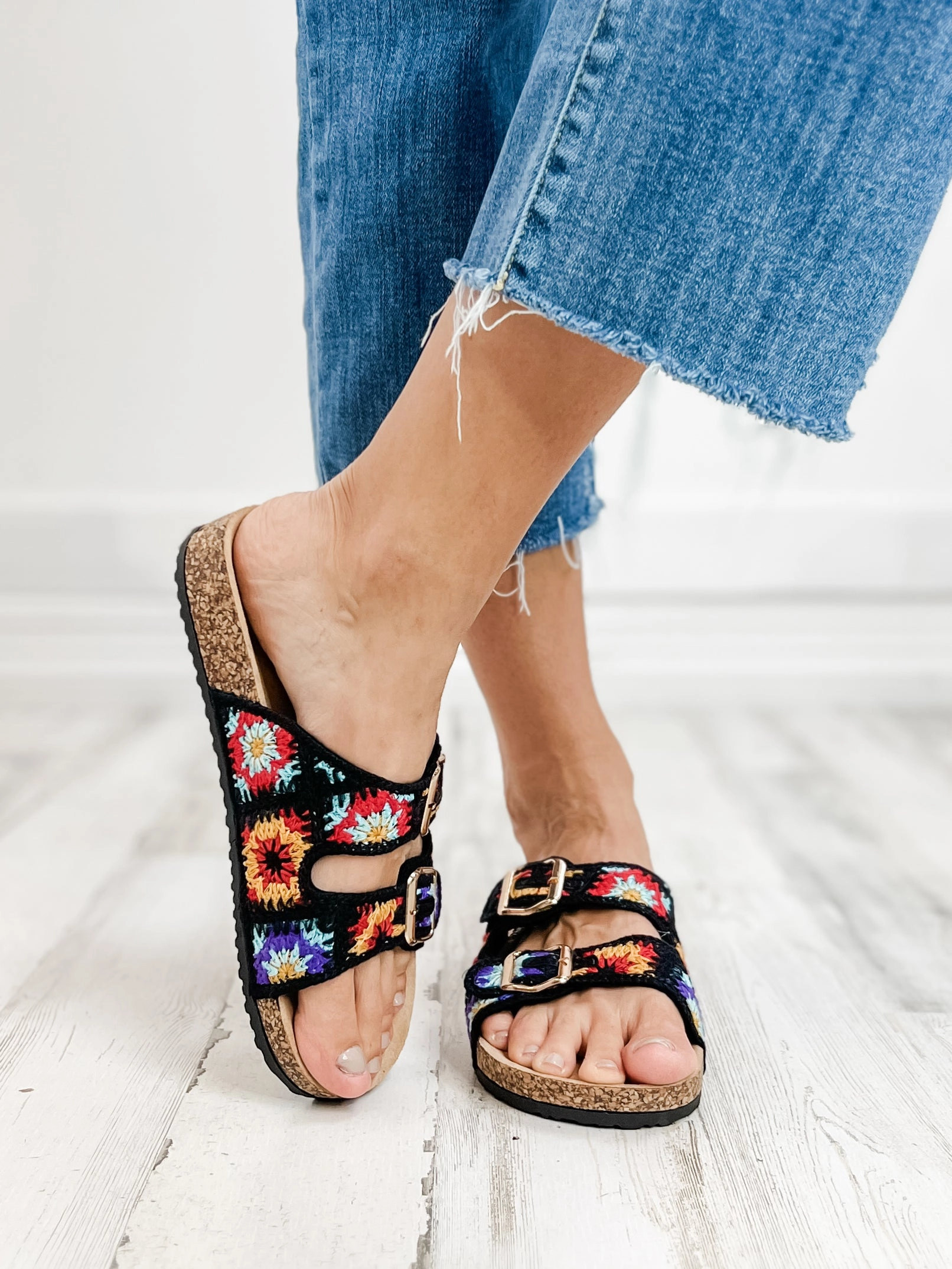 Double Buckle Crochet Slide Sandals