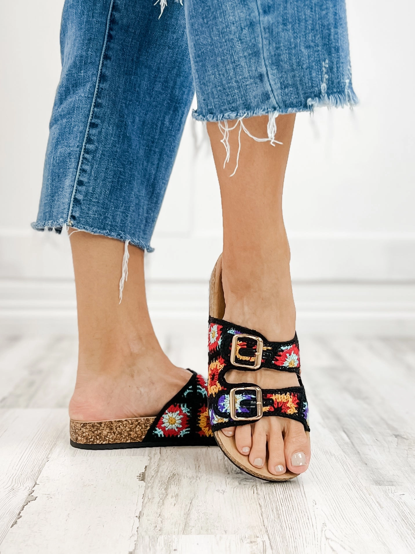 Double Buckle Crochet Slide Sandals