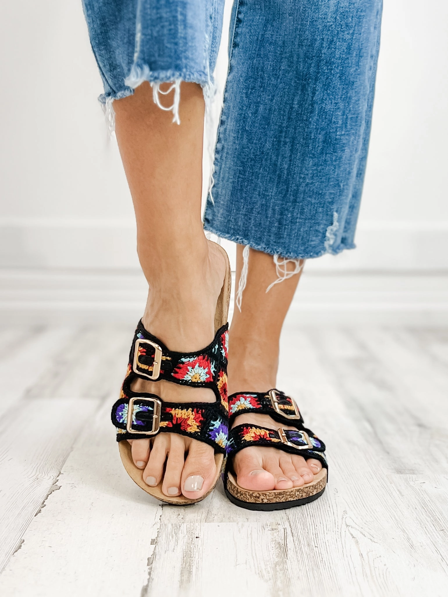 Double Buckle Crochet Slide Sandals