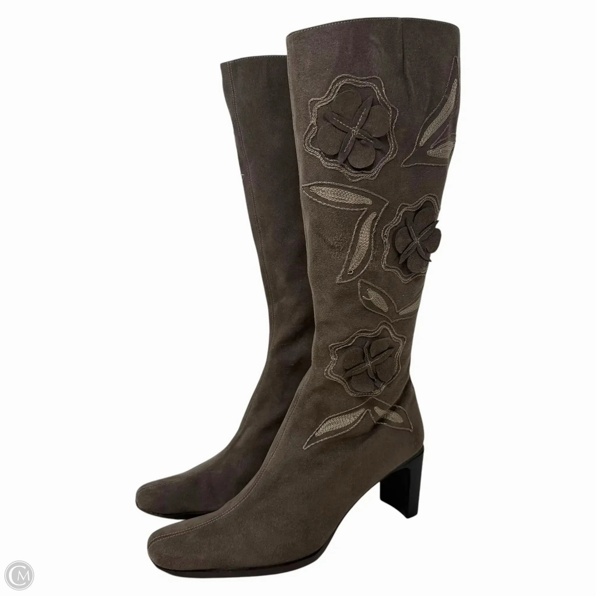 Floral Appliqué Suede Tall Boots By Sesto Meucci In Brown, Size: 9