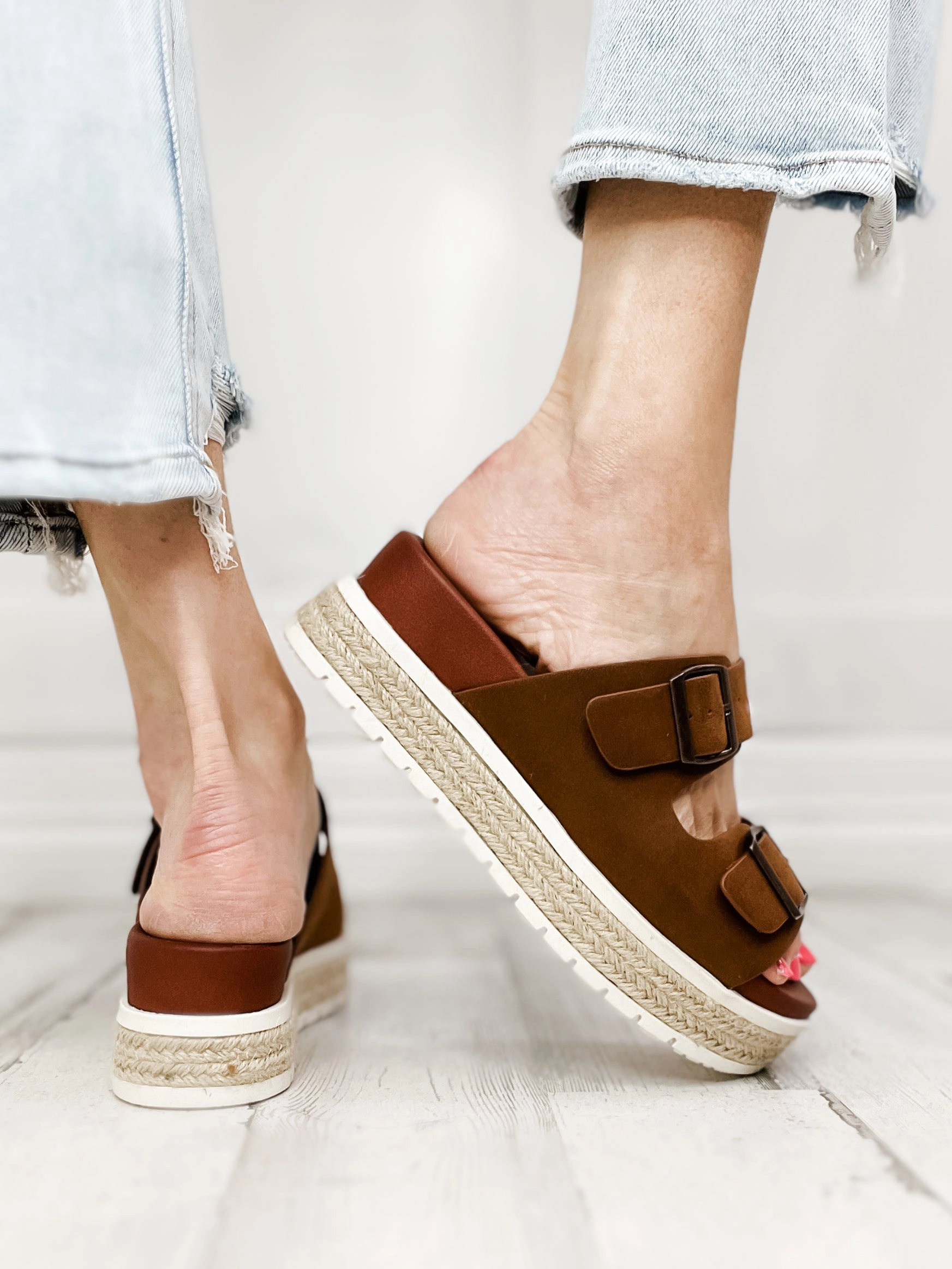 Mia Kely Double Buckle Slip-On Sandals in Cognac