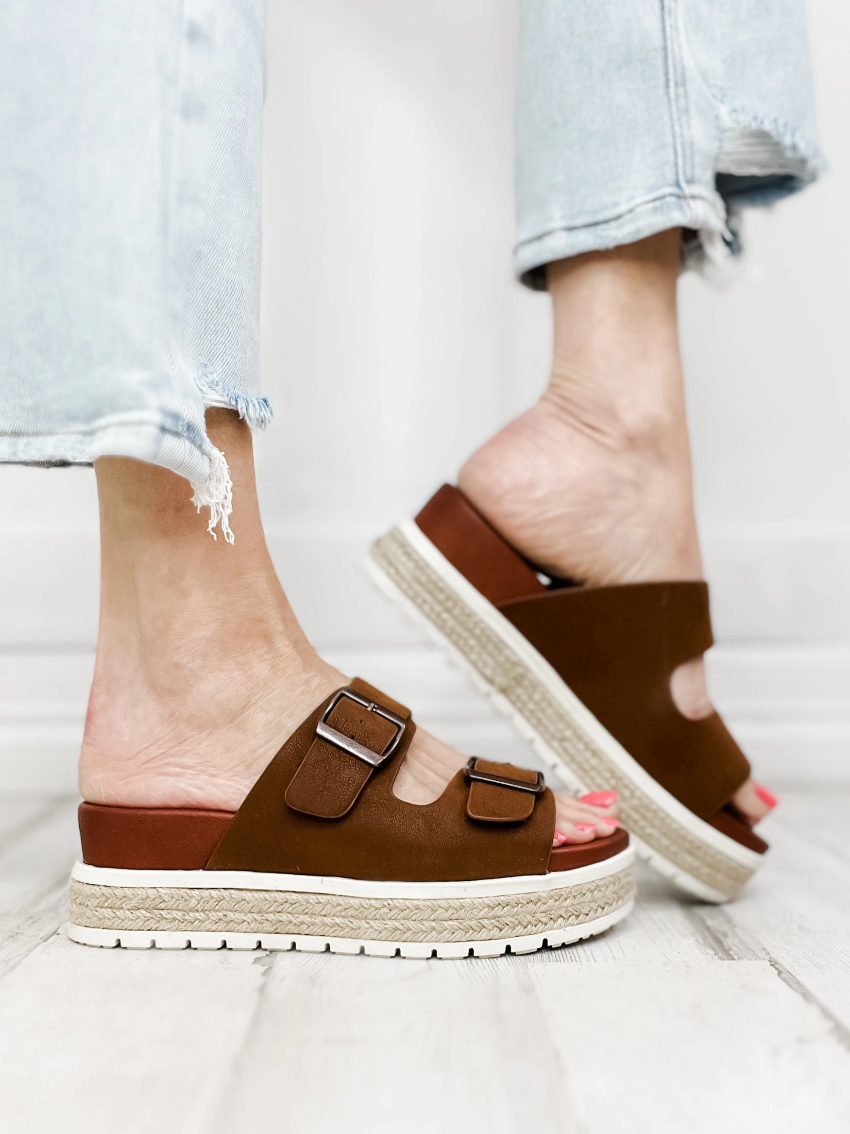 Mia Kely Double Buckle Slip-On Sandals in Cognac