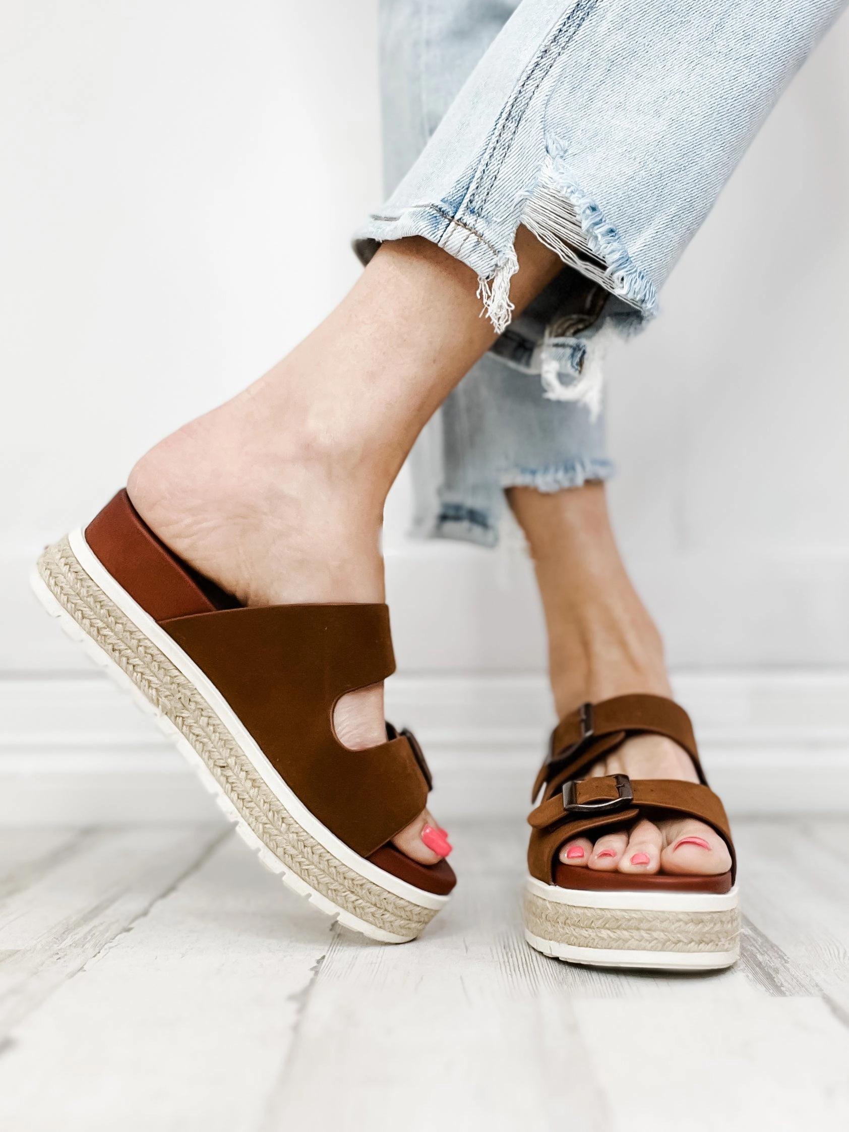 Mia Kely Double Buckle Slip-On Sandals in Cognac