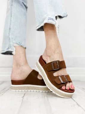 Mia Kely Double Buckle Slip-On Sandals in Cognac