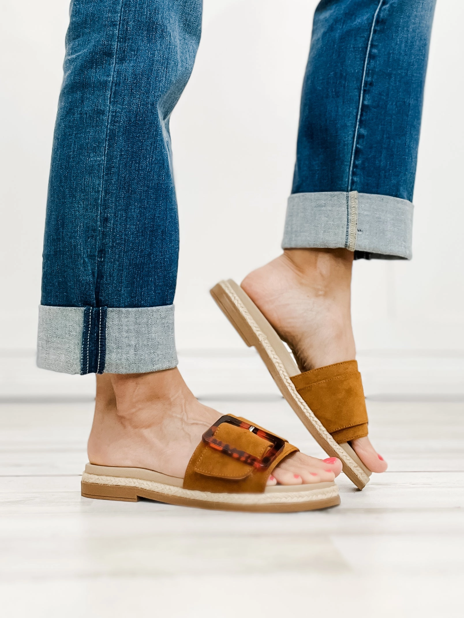 MIA Ozilia Slide Sandals with Buckle in Cognac