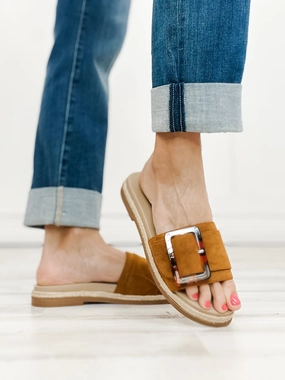 MIA Ozilia Slide Sandals with Buckle in Cognac