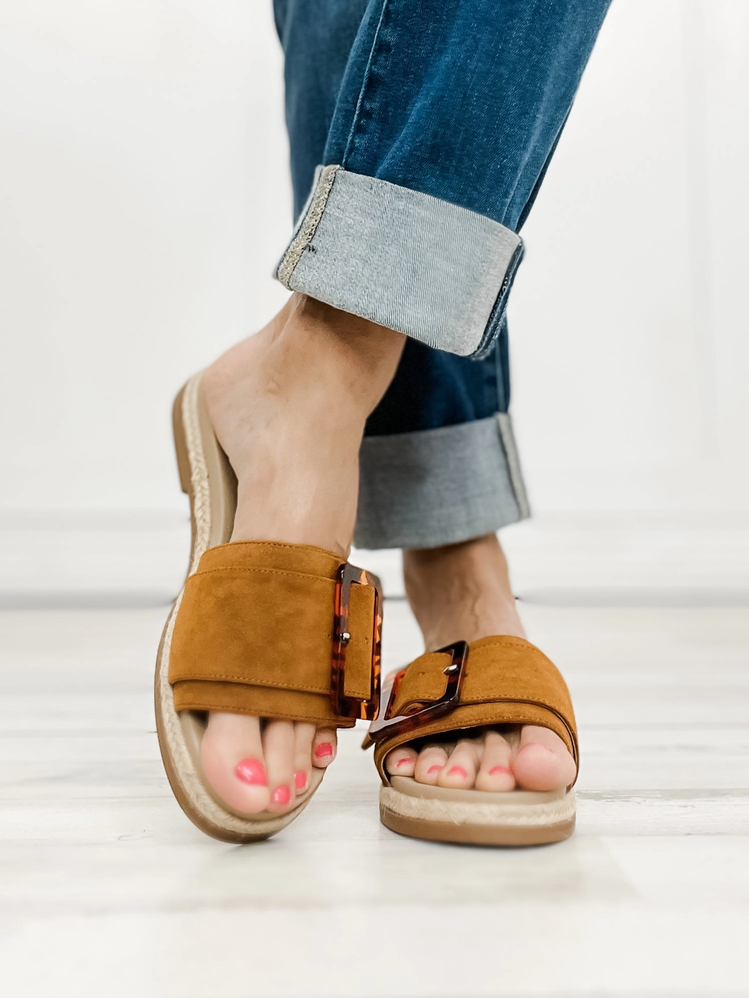 MIA Ozilia Slide Sandals with Buckle in Cognac