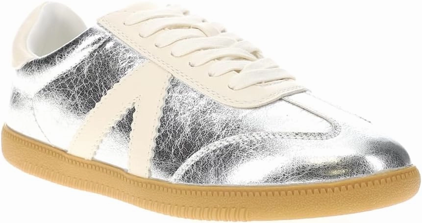 MIA Womens Klair Lace Up Metallic Sneakers Shoes Casual - Silver, White