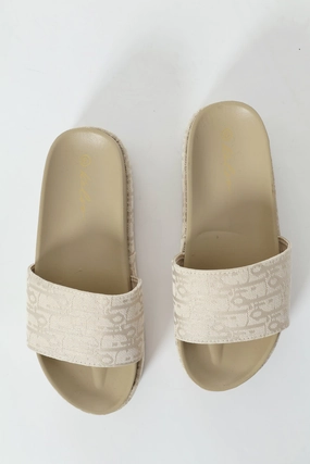 Monogram Printed Canvas Flatform Slide - Champagne
