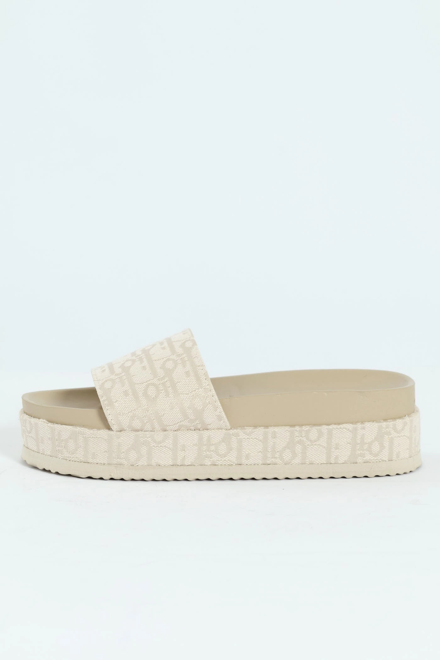 Monogram Printed Canvas Flatform Slide - Champagne