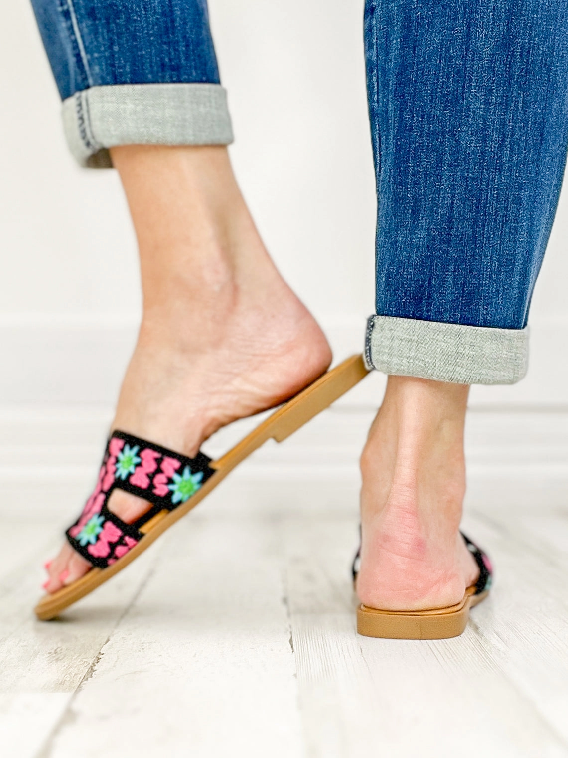 Open Square Toe Crochet Slide Flat Sandals in Black Multi