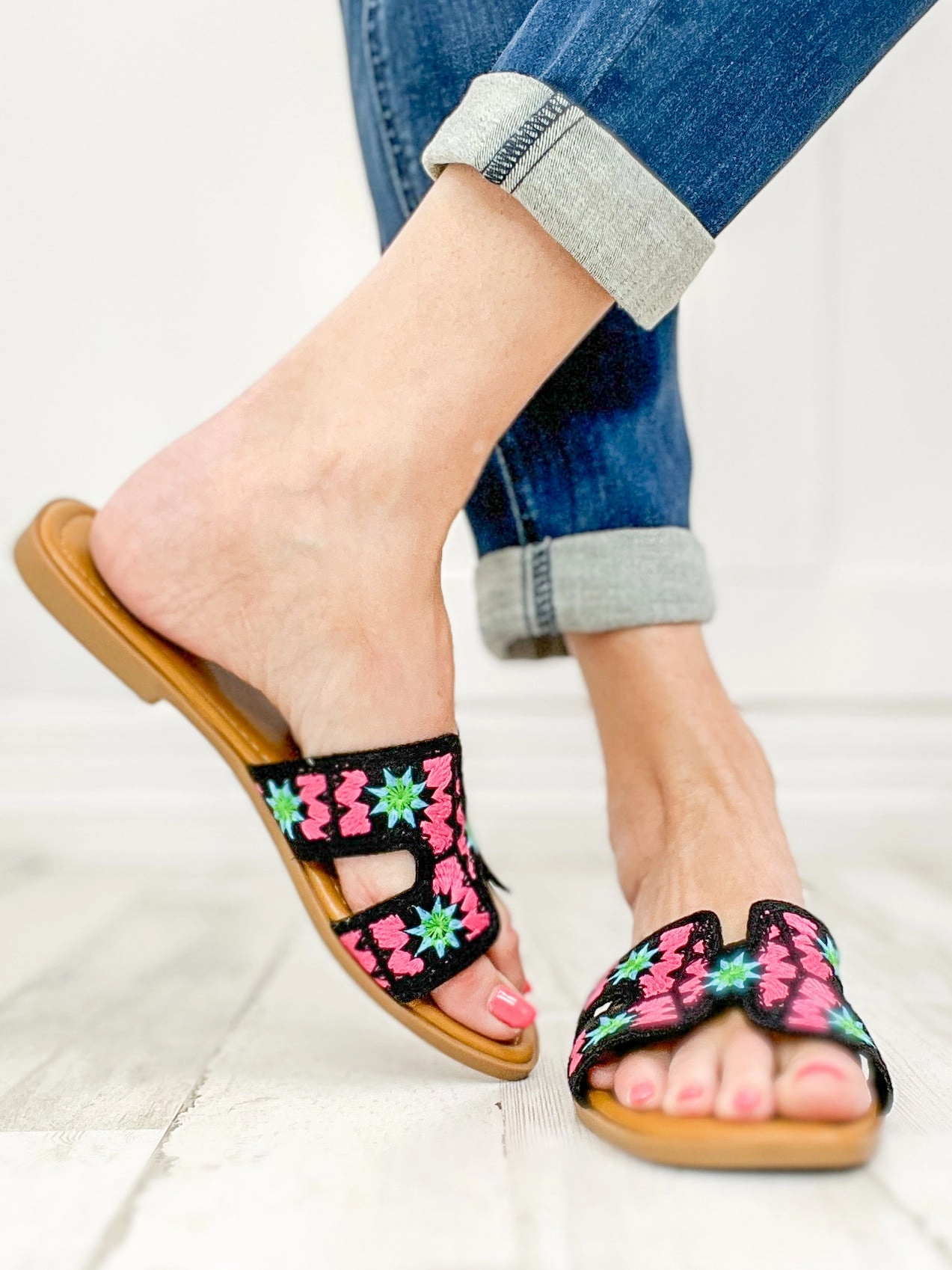 Open Square Toe Crochet Slide Flat Sandals in Black Multi