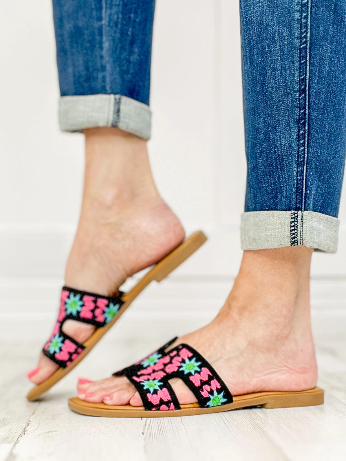 Open Square Toe Crochet Slide Flat Sandals in Black Multi
