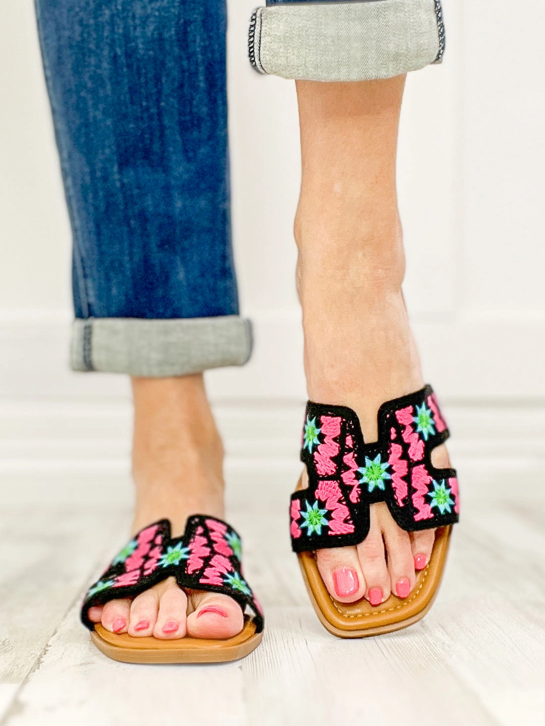 Open Square Toe Crochet Slide Flat Sandals in Black Multi