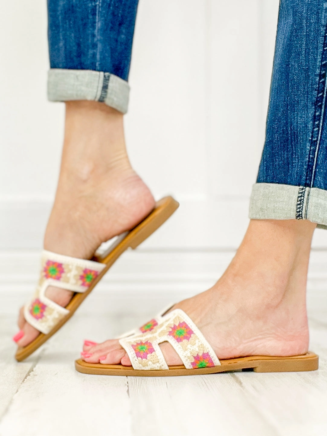 Open Square Toe Crochet Slide Flat Sandals in Ivory Multi