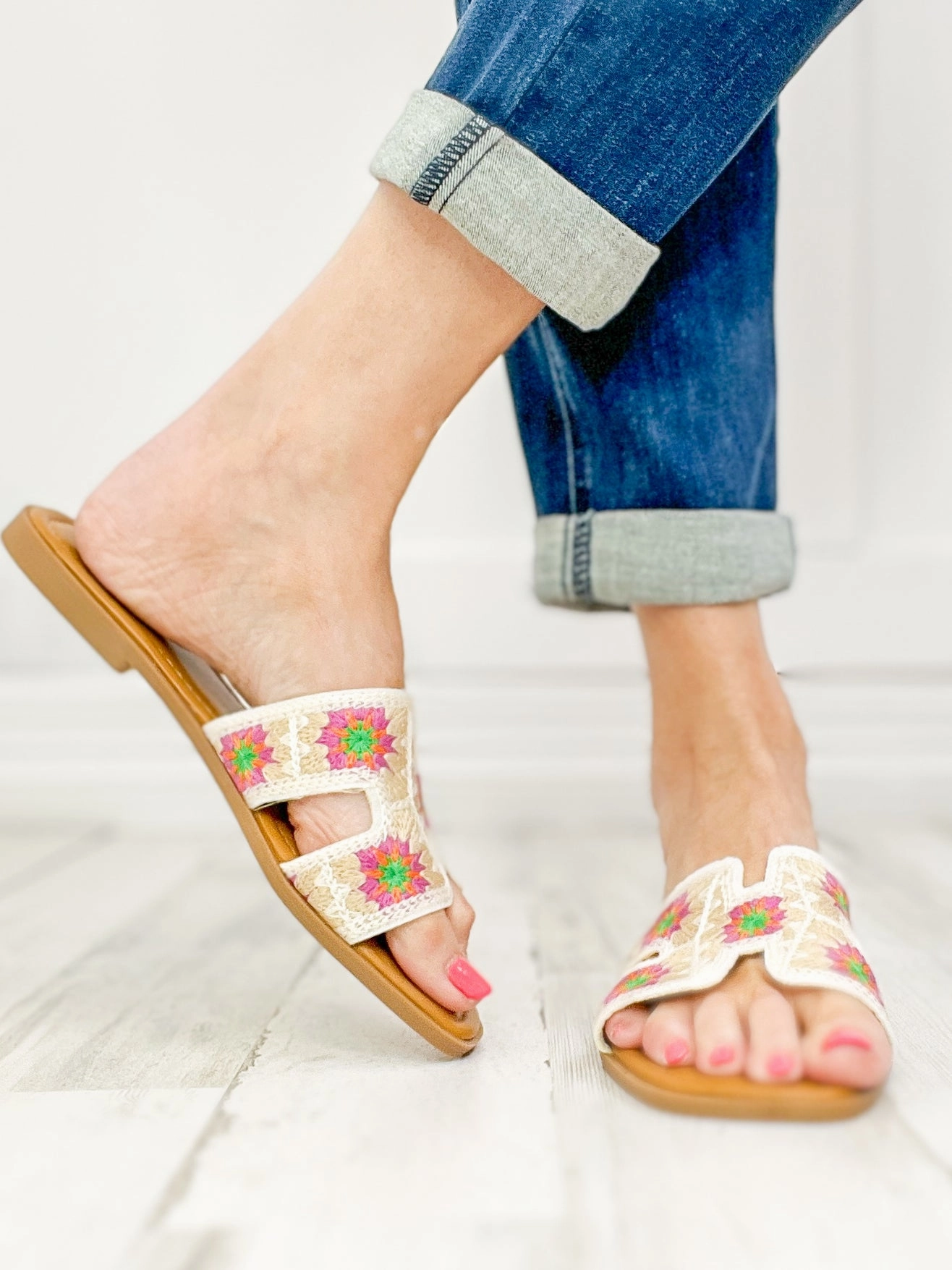 Open Square Toe Crochet Slide Flat Sandals in Ivory Multi