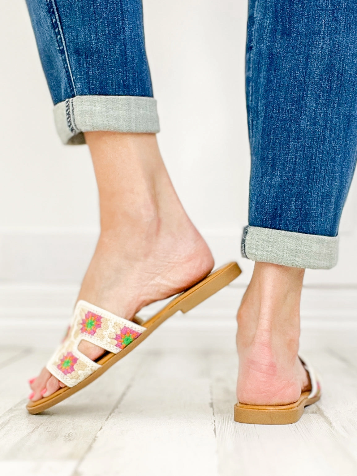 Open Square Toe Crochet Slide Flat Sandals in Ivory Multi
