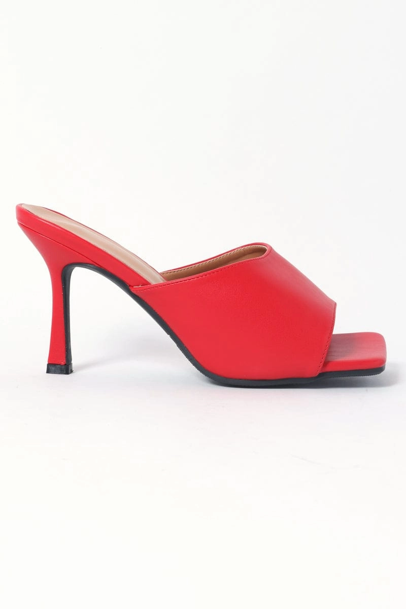 Red Square Toe Heeled Mules Sandals