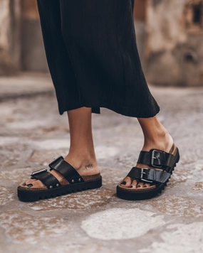 The Black Leather Buckle Sandals