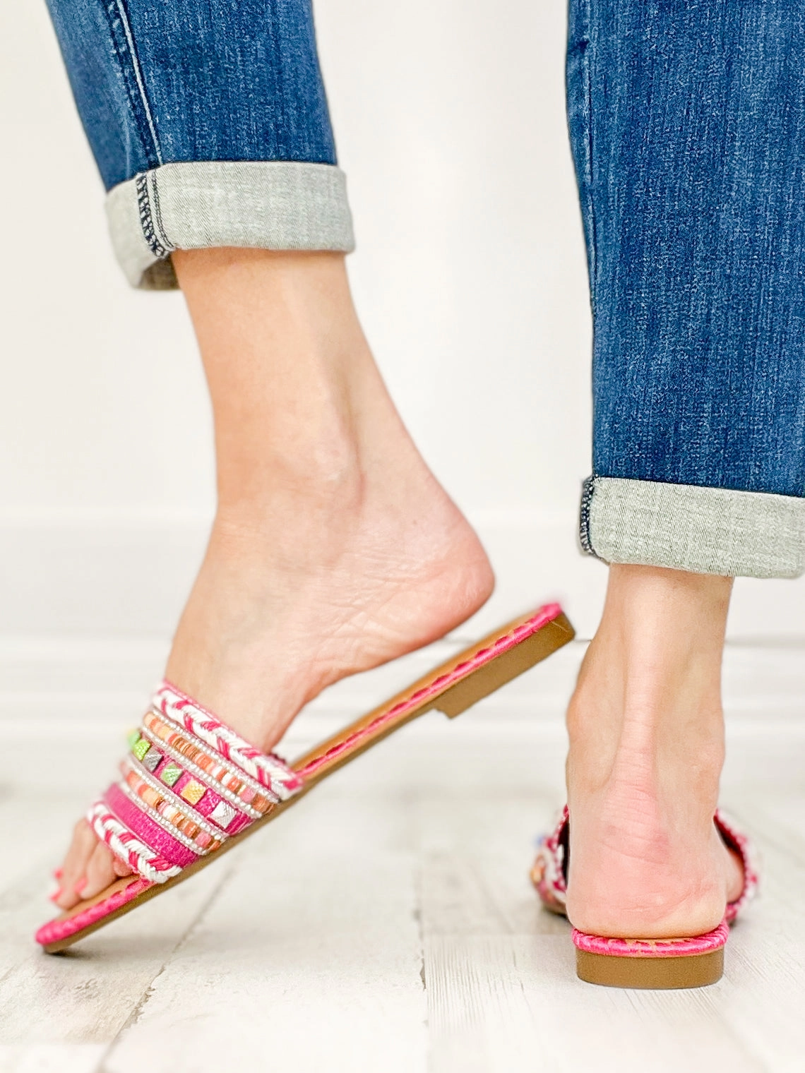Vintage Bohemia Beach Flat Sandals in Hot Pink Multi Metallic