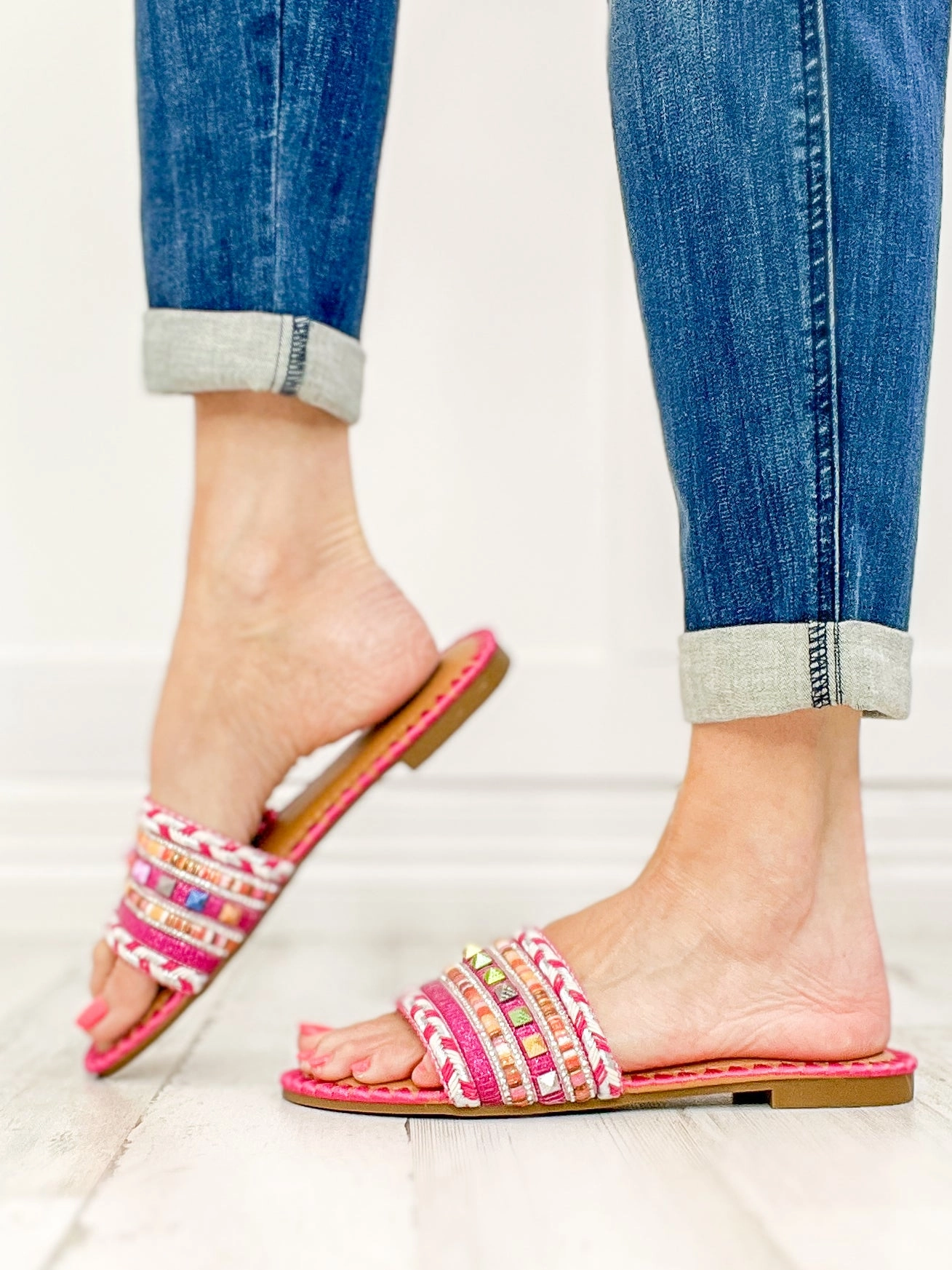 Vintage Bohemia Beach Flat Sandals in Hot Pink Multi Metallic