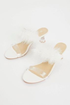 White Faux Fur Strappy Heels