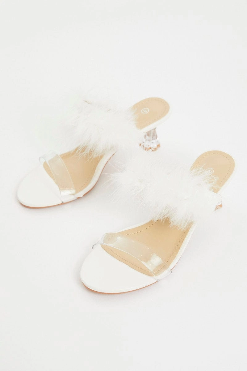White Faux Fur Strappy Heels