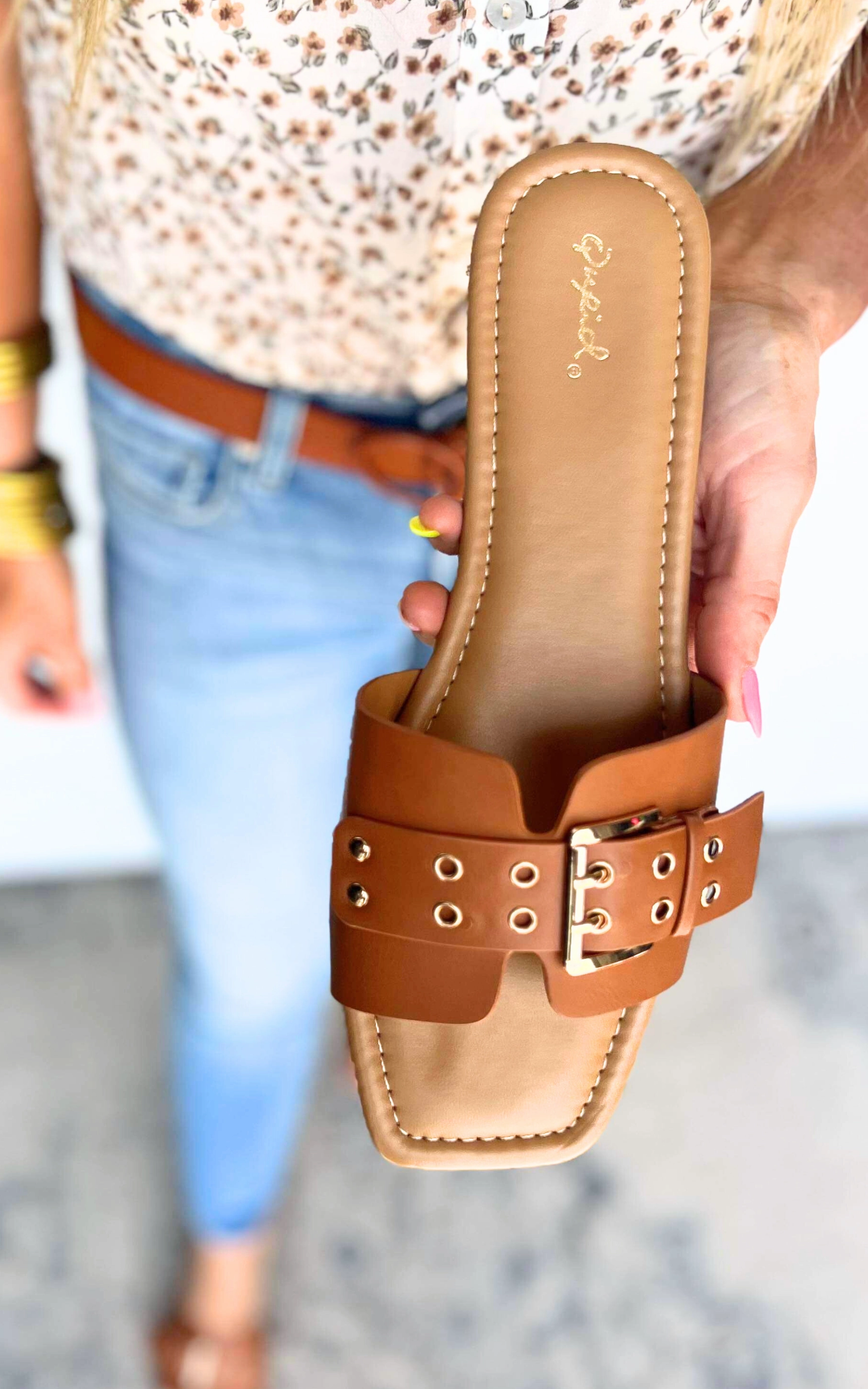 Women’s Belt Eyelet Buckled Strap Slide On Sandals - Cognac Final Sale