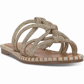 Womens Embellished Faux Leather Slide Sandals