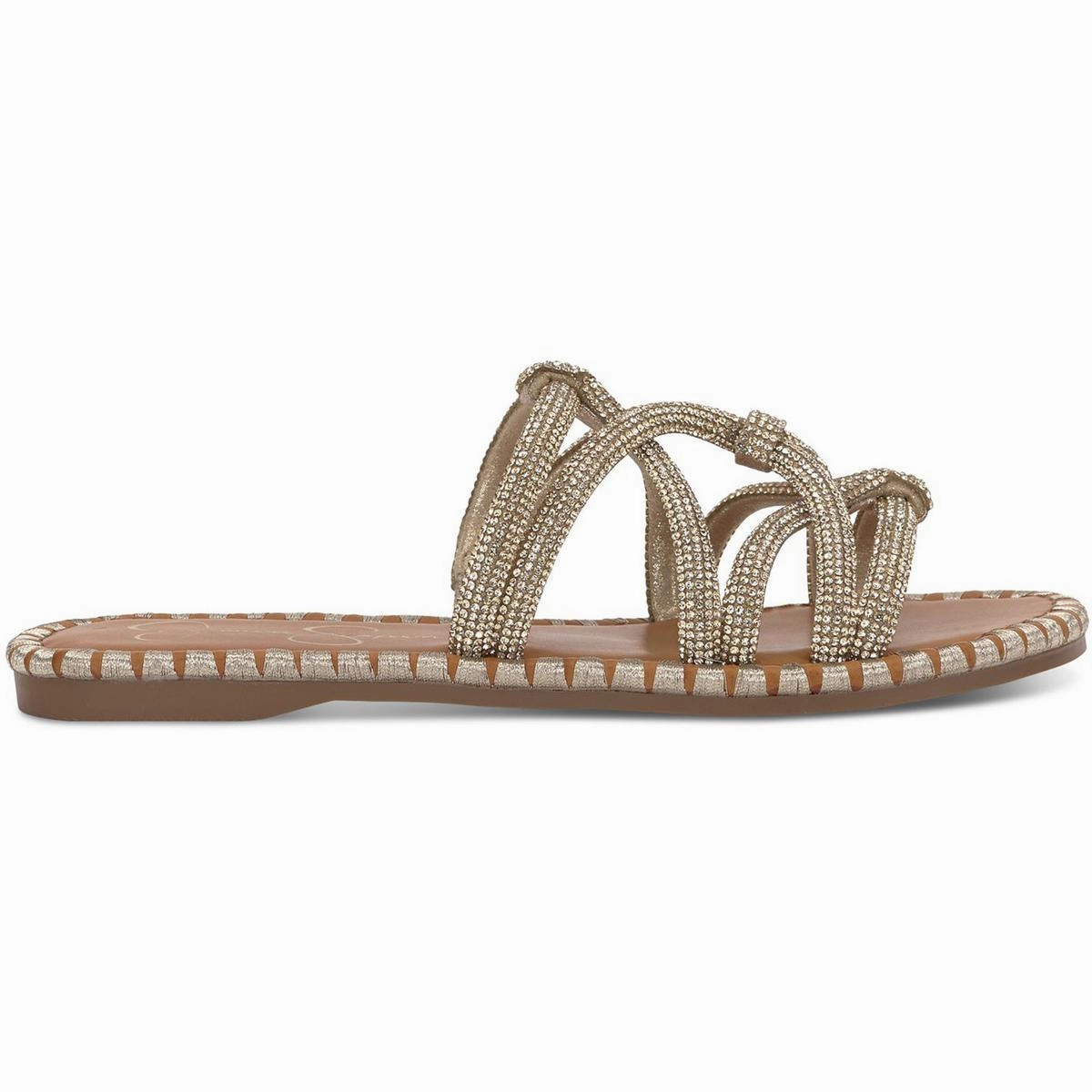 Womens Embellished Faux Leather Slide Sandals