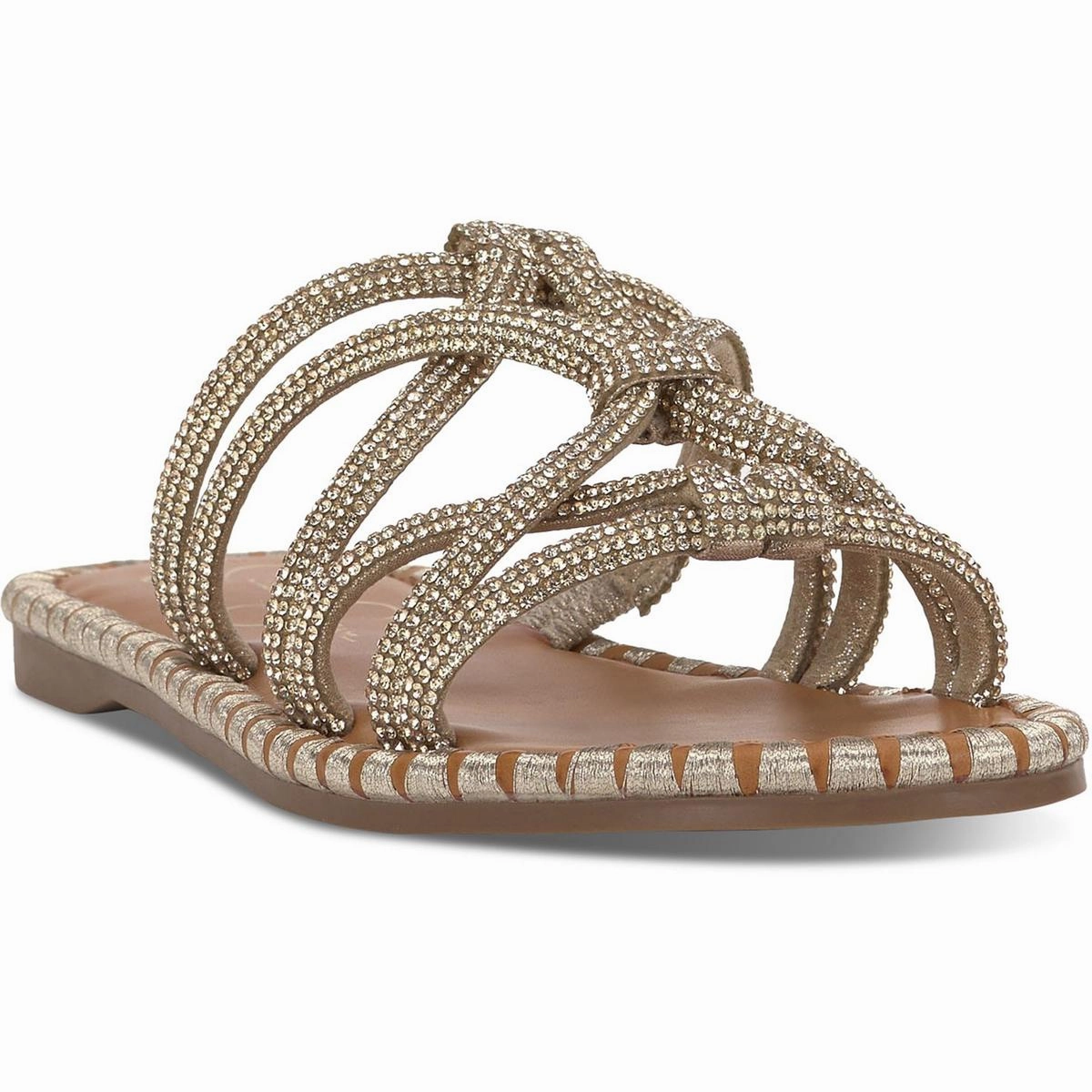 Womens Embellished Faux Leather Slide Sandals